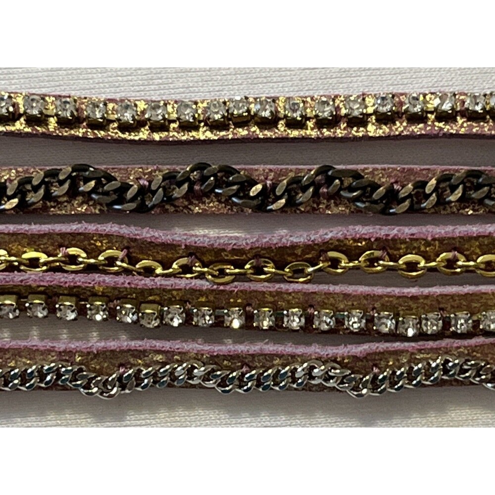 Hato Hasi Pink & Gold Leather Wrap Bracelet with Silver & Gold Tone Chains - Picture 6 of 9